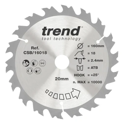Image of Trend Wood Circular Saw Blade, 160mm Diameter, 20mm Bore, 18 Teeth, TCT, 1.8mm Kerf, +15 Hook, CSB/16018