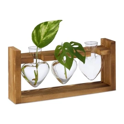 Image of Relaxdays Plant Propagation Station, Heart Glass Vases with Stand, for Cuttings, Hydroponic, 13x28x6.5 cm, Clear/Brown, Wood