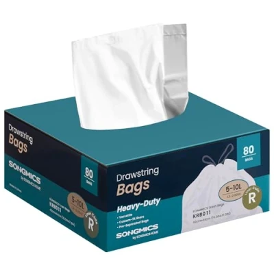 Image of SONGMICS Bin Bags, 10 L Rubbish Bags with Drawstrings, 80 Pieces, Liner Code R, Heavy Duty, Quick Dispense Box, Cream White KRB011A02