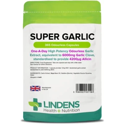 Image of Lindens Super Garlic, 365 Odourless Capsules High Strength 6000mg (4200mcg Allicin) Contributes to Normal Muscle Function, Heart and Immune Health UK Made, Letterbox Friendly