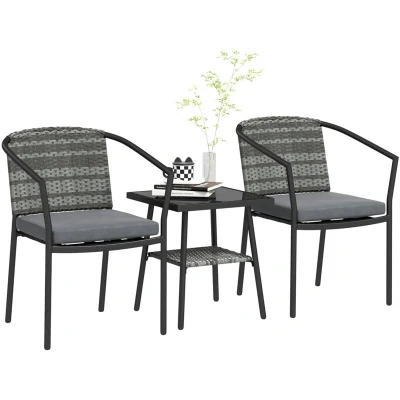 Image of Outsunny 3 Pieces Rattan Bistro Set with Cushions, Wicker Garden Furniture Set, Glass Top Coffee Table and Chairs for Outdoor Patio, Balcony, Terrace Conservatory, Grey