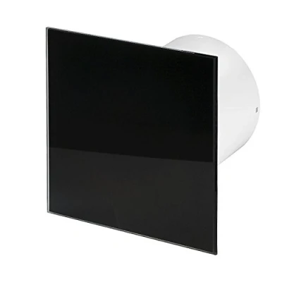 Image of Bathroom Extractor Fan 125mm / 5&quot; with Non Return Valve/Backdraft Shutter Kitchen Ventilator Modern Front Panel (125mm Turbo Pull Cord Switch, Glass Black Polished/PTGBP)