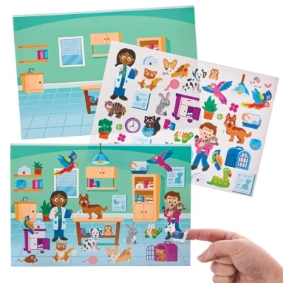 Image of Baker Ross FN070 Vet Sticker Scenes Pack of 5, Self Adhesive Stickers for Kids, Crafts Children