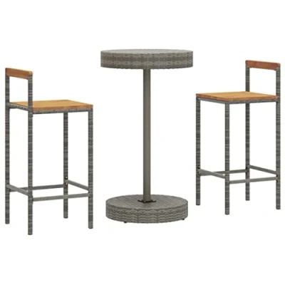 Image of vidaXL 3 Piece Garden Bar Set Grey Poly Rattan &amp; Solid Wood Acacia Durable Weather Resistant Outdoor Furniture with Comfortable Seating and Round Table