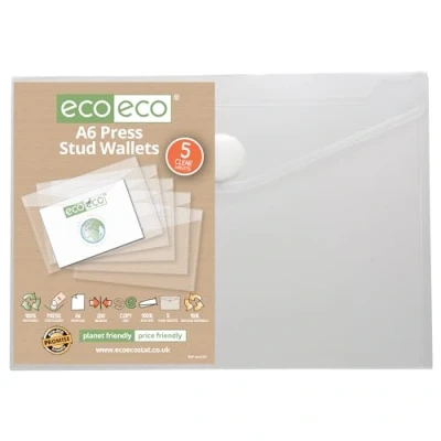 Image of eco A6 95% Recycled Clear Press Stud Popper Wallet, Plastic Folders (Pack of 5), eco155