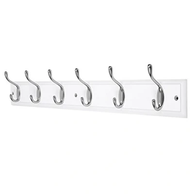 Image of DOKEHOM 6 Satin Nickel Hooks on White Wooden Board Wall Mounted Coat Hook Rack Hanger