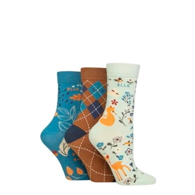 Image of Elle Women&#039;s Soft Cotton Socks Plain, Striped and Patterned with Hand Linked Toes Multipack of 3 Pairs Size 4 8 (UK, Numeric, 4, 8, Regular, Storm Patterned)