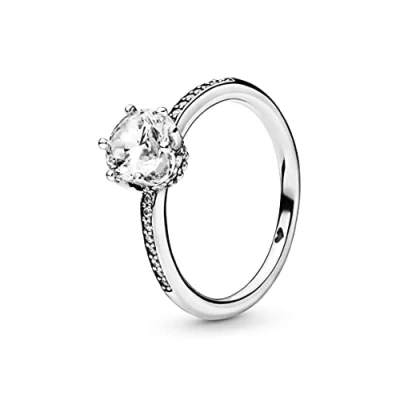 Image of Pandora Signature Women&#039;s Sterling Silver Sparkling Crown Cubic Zirconia Solitaire Ring, Size 52, No Box