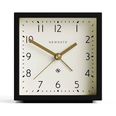 Image of NEWGATE® ‘Equinox’ contemporary cube alarm clock in black soft touch silicone finish, and silent sweep movement with digital beep sound. Ideal for bedside, desks mantels. (Cream Dial)