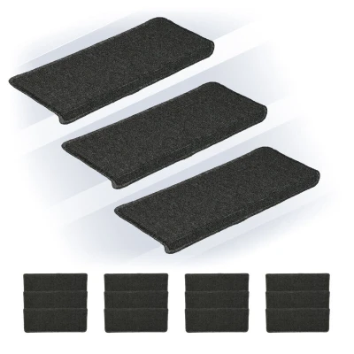 Image of Relaxdays Stair Treads, Set of 15, Rectangular Step Mats, 65 x 24 cm, Self Adhesive, Non Slip, Carpet Runner, Dark Grey, Plastic