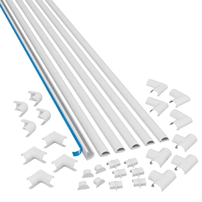 Image of D Line 12 meter Micro+ Cable Trunking Multipack, Self Adhesive Wire Hider, Decorative Half Round Channel 6x 20mm (W) x 10mm (H) 2 Lengths &amp; 26 Accessories White