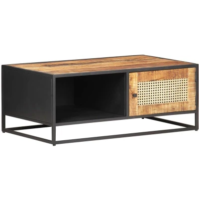 Image of vidaXL Coffee Table 90x50x35 cm Rough Mango Wood and Natural Cane