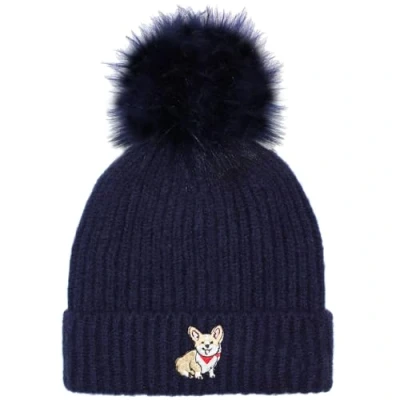 Image of TeddyT&#039;s Personalised Women&#039;s Luxury Fleece Lined Embroidered Corgi Bobble Hat (UK, Alpha, S, L, French Navy)
