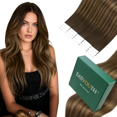 Image of Easyouth Tape in Hair Extensions Human Brown Balayage Real 12 Inch 30g 20Pcs Invisible Ombre