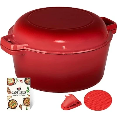 Image of Overmont 2 in 1 Enameled Cast Iron Dutch Oven with Skillet Lid &amp; Cookbook for Induction, Electric, Grill, Stovetop, Bread Baking (5 Quart)