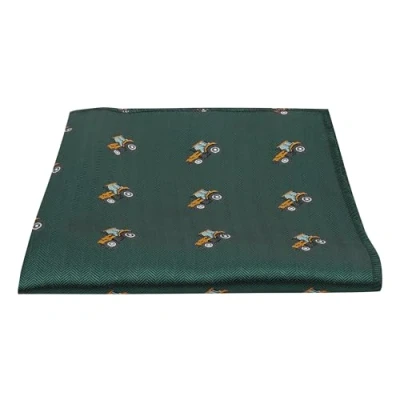 Image of King &amp; Priory Dark Green Herringbone Embroidered Tractor Pocket Square, Handkerchief