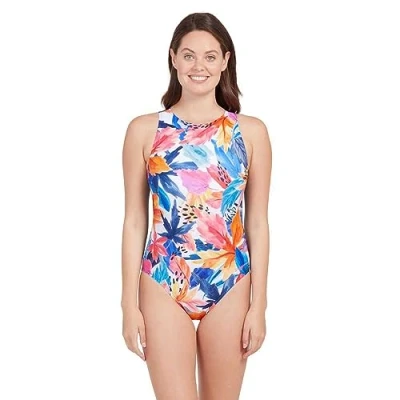 Image of Zoggs Women&#039;s Hi Front One Piece Swimsuit, Navy/Floral, 10