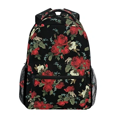 Image of Jeansame Backpack School Bag Laptop Travel Bags for Kids Boys Girls Women Men Vintage Black Red Roses Floral Flowers
