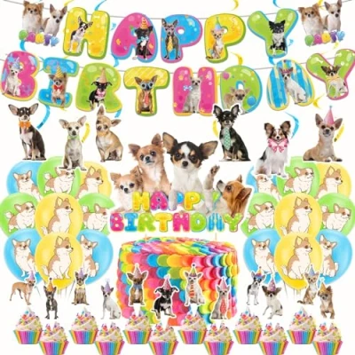 Image of Chihuahua Dog Birthday Decorations Cute Party Includes Happy Banner, Hanging Swirls, Cake Topper, Cupcake Balloons