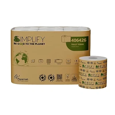 Image of Papernet Simplify Carbon Neutral Toilet Paper 406426, 1 Pack of 12 Pure Cellulose Rolls, 18.1 m Each, 2 Ply 165 Tears 9.5 x 11 cm