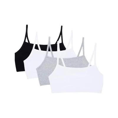 Image of Fruit of the Loom Women&#039;s Spaghetti Strap Cotton Pullover Sports Bra Value Pack, Opaque, Black/White/White/Heather Grey 4 32 (Pack 4)