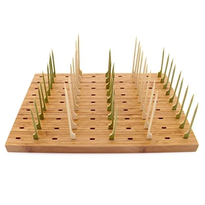 Image of BambooMN 14&quot;x9.8&quot; Bamboo Paddle Skewers Holder Food Display Stand w/ 90 Holes, Perfect for Catered Events, Restaurants, Cocktail Party Supplies 1 Piece