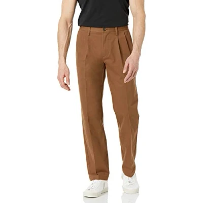 Image of Amazon Essentials Men&#039;s Classic Fit Wrinkle Resistant Pleated Chino Trouser (Available in Big &amp; Tall), Dark Khaki Brown, 32W / 31L