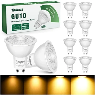 Image of Tailcas GU10 LED Bulbs, Dimmable Warm White 3000K Light Bulb, 50W Halogen Spotlight Replacement, 7W Energy Saving Lamps 500LM, 38 Beam Angle No Flickering Lighting 220 240V, Pack of 10