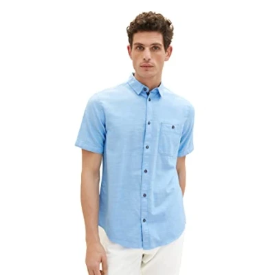 Image of TOM TAILOR Men&#039;s 1036213 Short Sleeve Shirt with Chest Pocket, 31770 Blue Herringbone Structure, XL