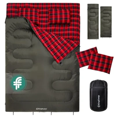 Image of KingCamp Double Sleeping Bag with Pillow 4 Season, Bags for Adult Kids Cotton Flannel Winter Lightweight Extra Large 2 Person Camping Backpacking Hiking Indoor Outdoor Green