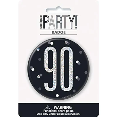 Image of Unique 83514 Black Round Prismatic 90th Birthday Badge 1 Pc, Age 90