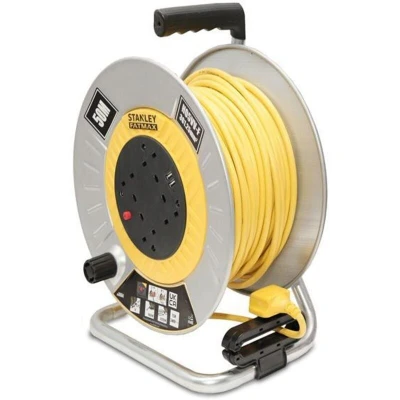 Image of Stanley Open Metal Drum Cable Reel 240V 13A 4 Socket + 2 USB 50m