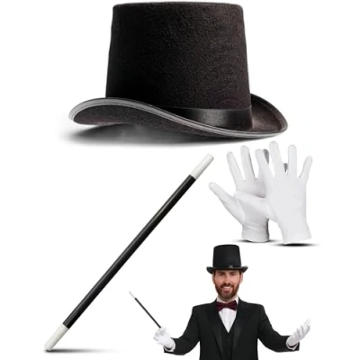 Image of Dreamzfit Adults Magician Fancy Dress 3 Piece Set BLACK TOP HAT + MAGIC WAND WHITE GLOVES Men&#039;s Women&#039;s Cosplay Party Wizard Accessory Kit
