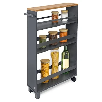 Image of bomoe Hylla Storage Cart 50x79x15 cm Kitchen Trolley with 2 Wheels &amp; Feet Utility 3 Shelves FSC® Worktop Narrow Under Desk for Kitchen, Bathroom, Office Anthracite