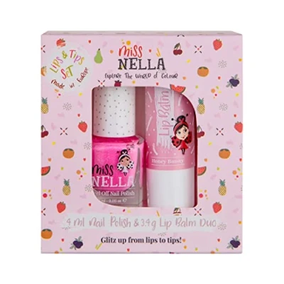 Image of Miss Nella Nail Polish + lip balm set Special pink Glitter for Kids WATERMELON POPSICLE, with Peel off, Water Based &amp; Odour Free Formula HONEY BUNNEY hypoallergenic