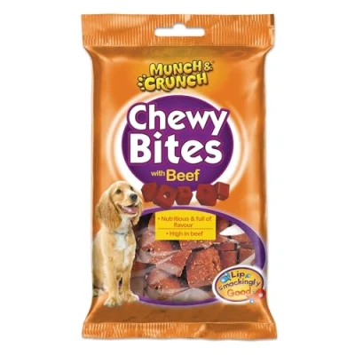Image of Munch &amp; Crunch Chewy Bites Dog Treat, High In Beef, Bumper Box 16 Bags
