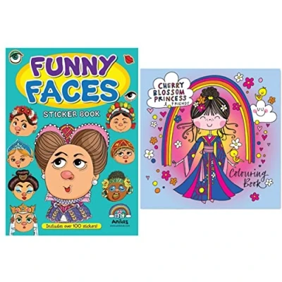 Image of Anilas Set of 2 Books: Funny Faces Sticker Book by &amp; Cherry Blossom Princess Colouring Rachel Ellen Designs. Ideal for Children Aged 3 8