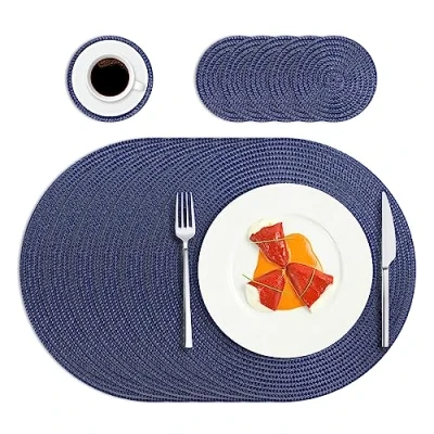 Image of HPMAISON Blue Round Placemats and Coasters Set of 6, Polypropylene Braided Woven Table Mats Heat Resistant Washable Kitchen Dining Place 6 for Home, Restaurant Hotel, Outdoor, Party