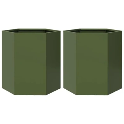 Image of vidaXL Garden Planter Flower Pot 2 pcs, Olive Green, Steel, Hexagon, 46x40x45 cm Raised Design, Open Bottom, Weather Resistant