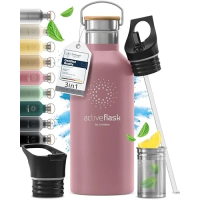 Image of Stainless Steel Water Bottle with Straw, Infuser &amp; 3 Lids: 1 0,5L Leak Proof Vacuum Insulated ACTIVE FLASK Drinking Bottles Hot Cold: Double Walled Outdoor Drink Thermo Mug Tea Coffee Sport Gym Bike