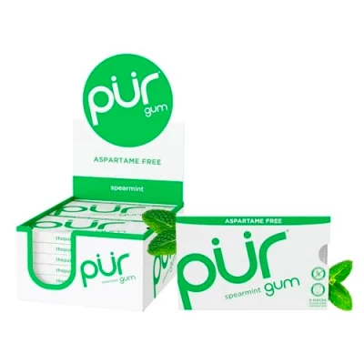 Image of PUR Gum Sugar Free Chewing 100% Xylitol Vegan, Aspartame Free, Gluten &amp; Diabetic Friendly Natural Spearmint Flavoured Gum, 9 Pieces (Pack of 12)