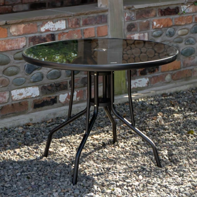 Image of 4 Person Round Black Garden Patio Table with Glass Top &amp; Parasol Hole