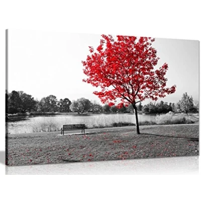 Image of Large Tree Red Leaves Black White Park Bench Nature Canvas Wall Art Picture Print (24x16in)
