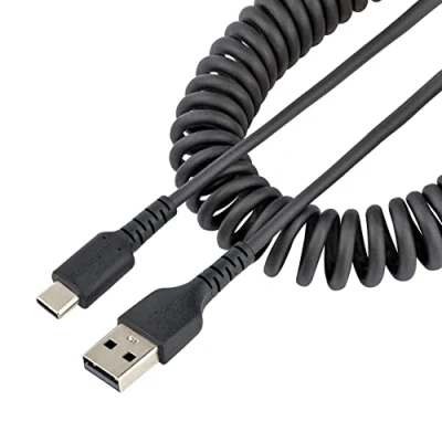Image of StarTech.com 20in (50cm) USB A to C Charging Cable,Coiled Heavy Duty Fast Charge Sync Cable, 2.0 Type Rugged Aramid Fiber, Durable Male (R2ACC 1M CABLE), Black
