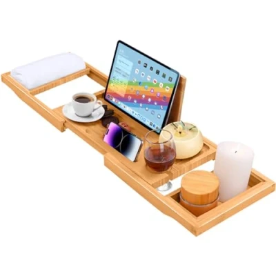 Image of ADOV Bath Tray, Extendable Luxury Home Spa Natural Bamboo Wood Bathtub Shelf Board with Built in Holder for Book iPad Tablet Phone Glass Candle, Adjustable Caddy Bridge Fits Most Sizes