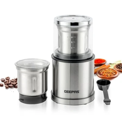 Image of Geepas Coffee Grinder Food Processor, 200W Electric Wet &amp; Dry Mill Stainless Steel Housing, Jar Blades for Spice Nuts Chutney 75g Detachable Bowl, Silver