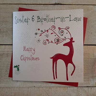 Image of White Cotton Cards Sister &amp; Brother in Law Merry Handmade Christmas Card (Reindeer)