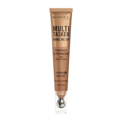 Image of Rimmel Multi Tasker Wake Me Up Foundation &amp; Concealer 090 Toffee, Depuffs Brightens Dark Circles, Metallic Cooling Applicator, Caffeine Victamin C, 2% Niacinamide, Vegan, Cruelty free