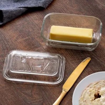 Image of UNIQUE HOME LIVING Glass Butter Dish with Lid for Kitchen Countertop Table, Classic Style Storage, Embossed Cow Design Cover, Transparent 17 x 11 6cm