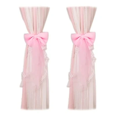 Image of 2 Pcs Lace Bow Curtain Tiebacks Fairy Fabric Tie Straps Elegant Drapery Holdbacks Rope for Home Office Hotel Pink